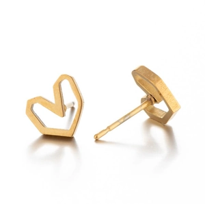 Pair of minimalist golden hollow heart stud earrings in polished geometric steel design