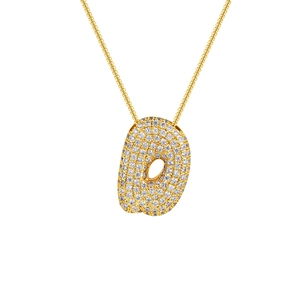 Macro shot of 18K gold plated bubble letter O pendant with sparkling cubic zirconia stones