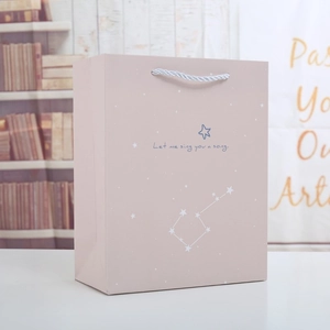 Detail of pink starry sky gift paper bag with blue handles and elegant typography