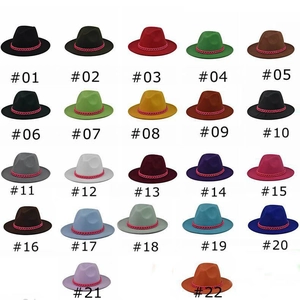 Flat brim felt fedora hat with chain decoration in 22 colors displayed on white background