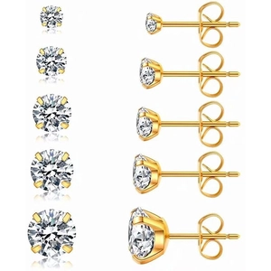 Set of five pairs gold plated stud earrings with round cubic zirconia in various sizes