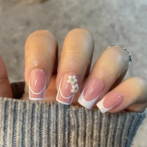 Short Square Press On Nails Pink White French Tip With 3D Flowers Hearts Elegant Sweet Style For Women