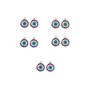Macro shot of 10 gold-plated evil eye pendants for jewelry making on white background