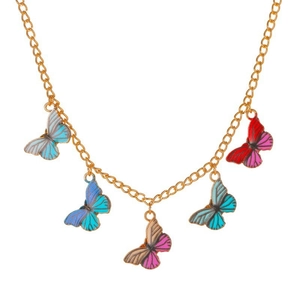 Golden necklace featuring five colorful oil-dripped butterfly pendants on a white background