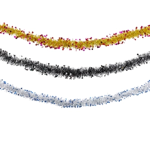 Three colors of star tinsel garlands for Christmas tree decoration on white background