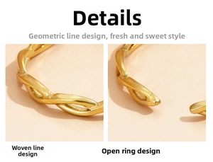 Macro detail of gold-plated geometric woven texture and adjustable open band on ring