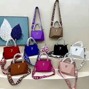 Fashion Women PU Leather Tote Bag With Lychee Texture Letter P Metal Logo And Wide Webbing Shoulder Strap Crossbody