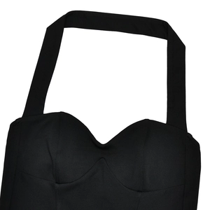 Detail of black halter neckline dress showing built-in pads and stretchy fabric