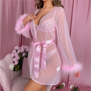 Sexy Lingerie Robe Bra And Thong Lace Heart Mesh Sheer With Faux Fur Trim For Women Christmas Holiday Pajamas