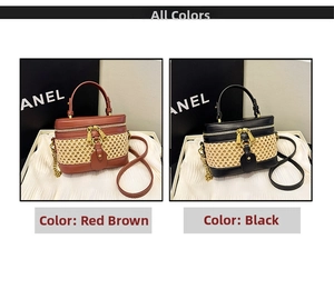 Detail view of woven leather box bags in reddish brown and black with chain straps