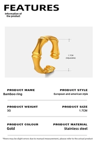 Detailed specs of adjustable gold bamboo joint ring in stainless steel with 1.7cm diameter