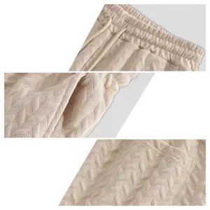 Men's summer casual beige shorts with jacquard chevron texture and drawstring waist