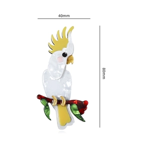 Detailed dimensions of parrot acrylic brooch showing 80mm height and 40mm width