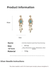 Detailed size map of long crystal pearl tassel earrings showing 10cm length and 3cm width