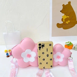 Pink cherry blossom silicone crossbody bags for girls in two sizes with floral woven strap