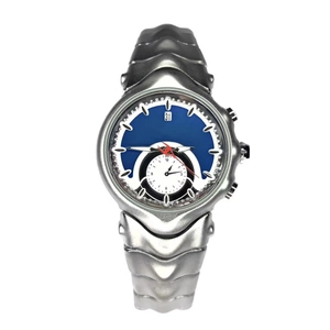Y2K vintage men's silver quartz watch with blue dial and red second hand on white background