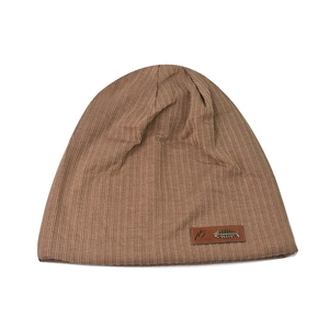 Dark khaki ribbed knit beanie hat featuring a vintage leather fishbone patch design