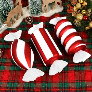 Red and white striped Christmas candy hanging ornaments in various shapes for tree decor