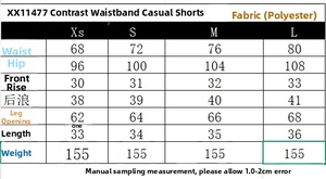 Size chart for high-waisted shorts featuring waist, hip, and leg opening measurements