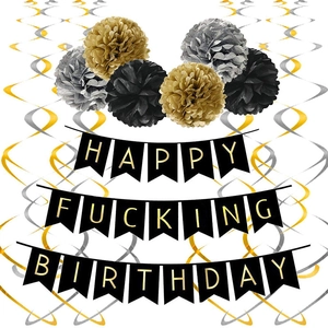 Kit bannière d'anniversaire noir et or avec pompons en papier et spirales décoratives