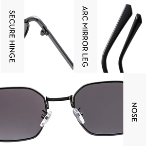 Detailed close-up of secure metal hinges and ergonomic curved temple of black sunglasses