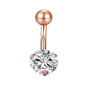 Classic rose gold belly button ring with a large brilliant round-cut clear zircon stone