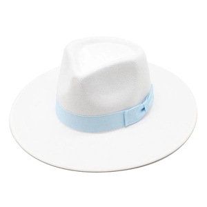 Detail of white wool fedora hat with a light blue grosgrain ribbon and side bow