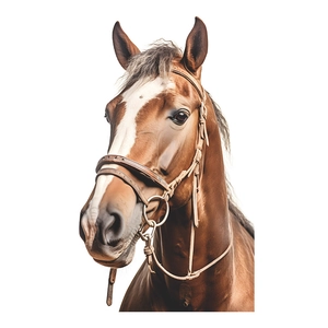 Detailed closeup of a premium brown leather horse bridle on a sharp horse head profile