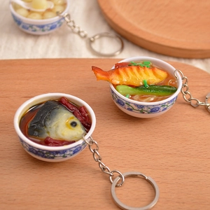Miniature PVC Chinese food keychains with blue and white porcelain bowls in three styles