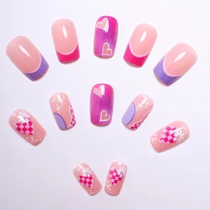 24pcs French Barbie pink press-on nails with heart patterns and daisy floral designs