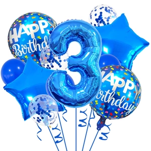 Blue birthday party balloon set with number 3 foil balloon and star decorations