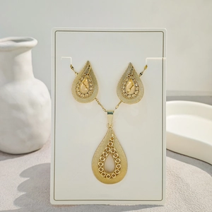 Detail of vintage teardrop jewelry set with necklace and earrings on a display card