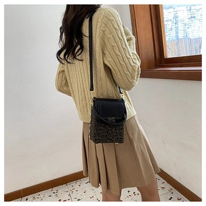 Detail of mini crossbody bag with leopard print base and black matte flap on model