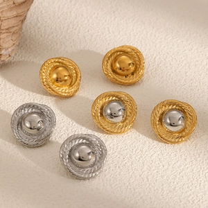 Round Stud Earrings Stainless Steel 18K Gold Plated Rope Texture Twisted Border Geometric Vintage Trendy For Women