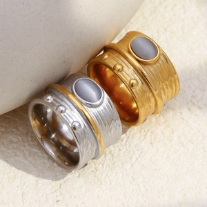 Bagues rétro en acier inoxydable plaqué or 18K et argent avec œil de chat et texture écorce