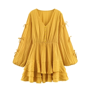 Abito Corto Da Donna Con Scollo A V Poliestere Waffle Maniche Lunghe Orlo A Balze Vita Elastica Giallo Limone Festa