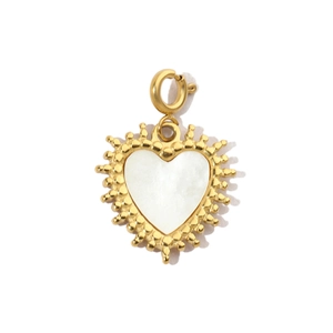 Close-up of golden heart pendant with white mother-of-pearl shell and beaded metallic edge