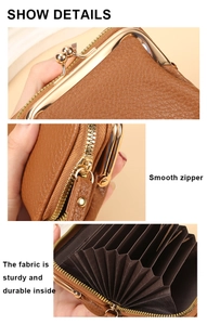 Detailed views of brown leather card wallet featuring smooth zipper and sturdy inner fabric