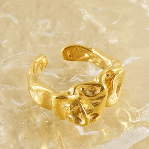 Minimalist 18K gold stainless steel open ring with irregular lava texture for men and women
