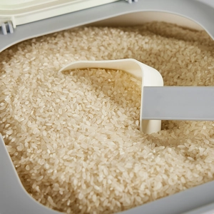 Minimalist food-grade airtight rice storage container with measuring scoop and grains