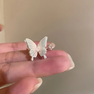 Silver butterfly open ring with pearlescent wings and zircon stone for women