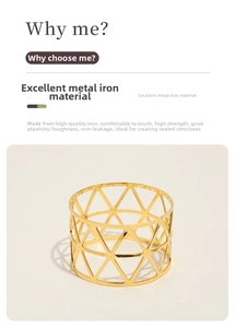 Close-up of golden triangular napkin ring with hollow geometric iron structure