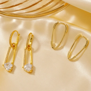 Elegant Gold Plated Copper Heart Zirconia Safety Pin Earrings Fashion Jewelry For Women Daily Party Accessories