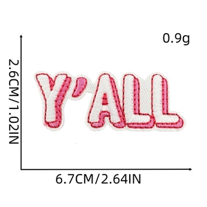 Size detail of pink Y'ALL embroidered alphabet patch with 2.6cm height and 6.7cm width