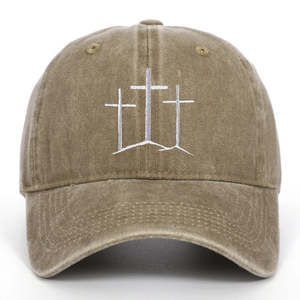 Vintage washed cotton baseball cap with three white embroidered crosses on the front