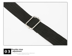 Detail of adjustable black woven shoulder strap with silver metal buckle on nylon bag