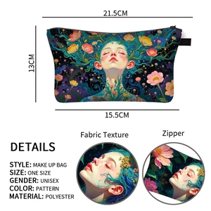Polyester floral artistic makeup bag with size dimensions and zipper details shown