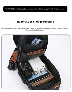 Detail view of large capacity crossbody bag interior with multiple organizational pockets
