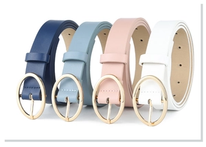 Set of four colorful PU leather belts with gold oval pin buckles in blue, pink and white