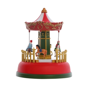 Detailansicht der Spieluhr-Karussell-Weihnachtsdeko mit rot-weißen Streifen und Goldrelief